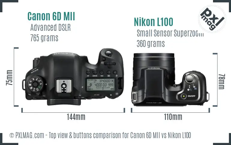 Canon 6D MII vs Nikon L100 top view buttons comparison