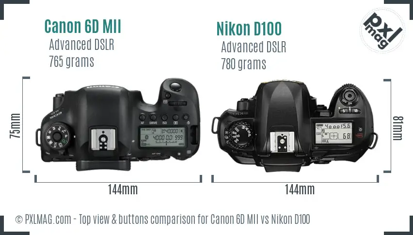 Canon 6D MII vs Nikon D100 top view buttons comparison