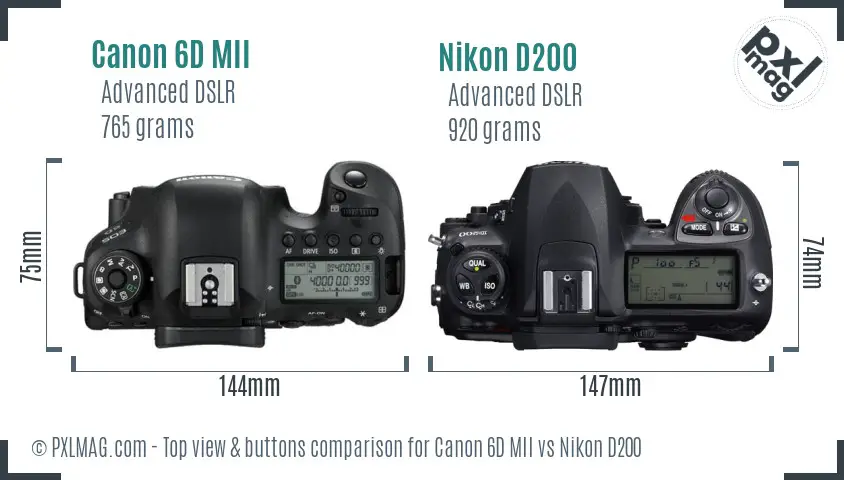 Canon 6D MII vs Nikon D200 top view buttons comparison