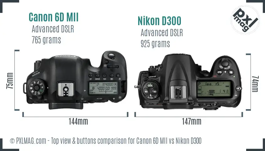 Canon 6D MII vs Nikon D300 top view buttons comparison