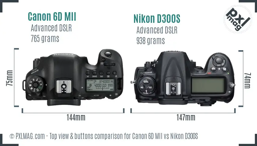 Canon 6D MII vs Nikon D300S top view buttons comparison