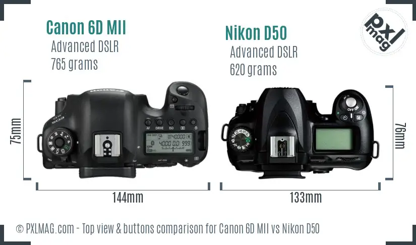 Canon 6D MII vs Nikon D50 top view buttons comparison