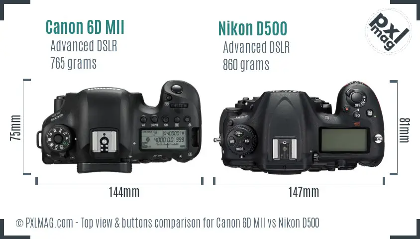 Canon 6D MII vs Nikon D500 top view buttons comparison