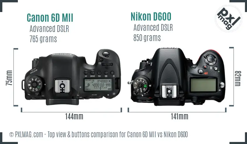 Canon 6D MII vs Nikon D600 top view buttons comparison