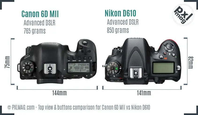 Canon 6D MII vs Nikon D610 top view buttons comparison
