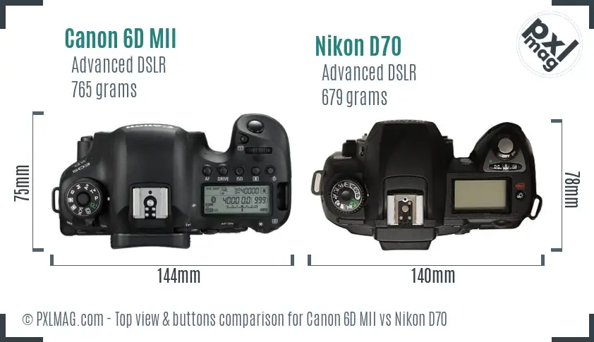 Canon 6D MII vs Nikon D70 top view buttons comparison