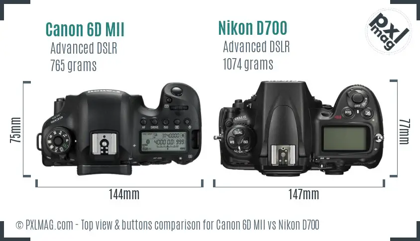 Canon 6D MII vs Nikon D700 top view buttons comparison