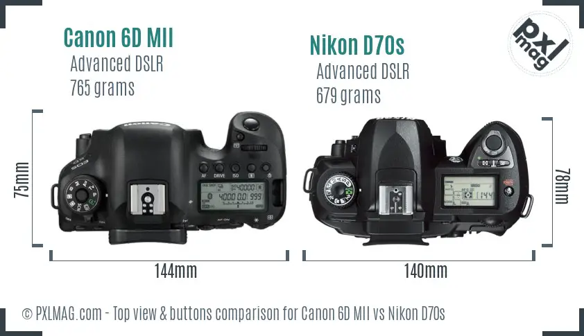 Canon 6D MII vs Nikon D70s top view buttons comparison