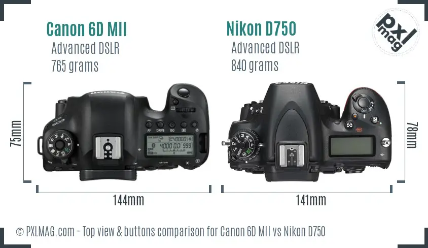 Canon 6D MII vs Nikon D750 top view buttons comparison