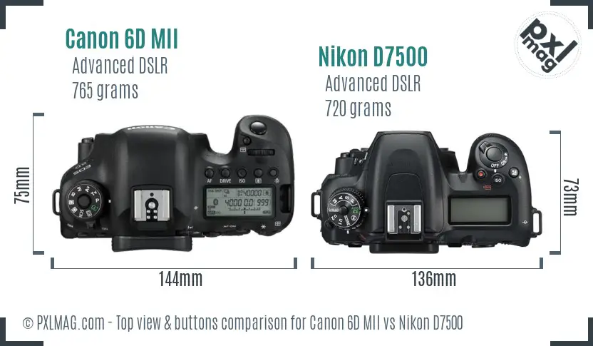 Canon 6D MII vs Nikon D7500 top view buttons comparison