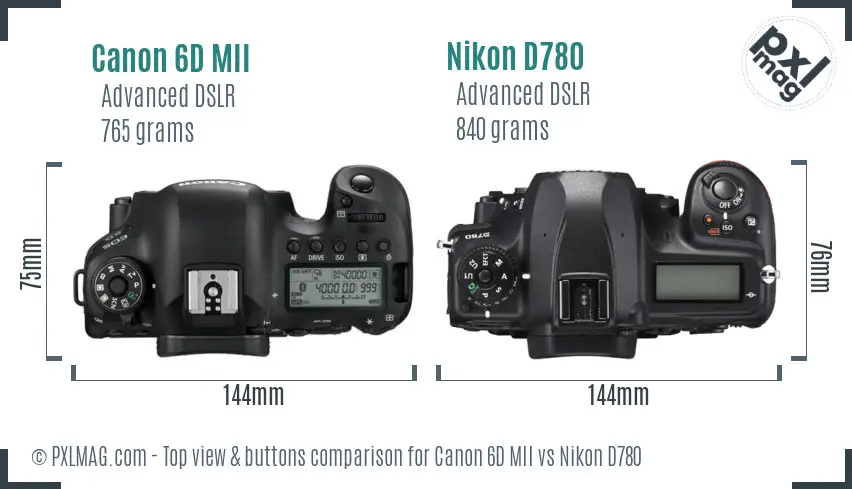 Canon 6D MII vs Nikon D780 top view buttons comparison