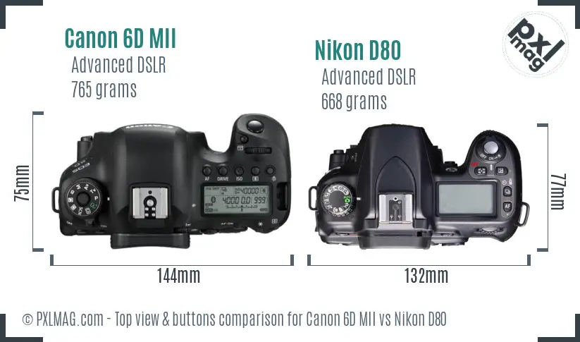 Canon 6D MII vs Nikon D80 top view buttons comparison