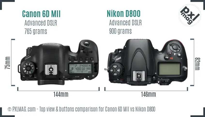 Canon 6D MII vs Nikon D800 top view buttons comparison