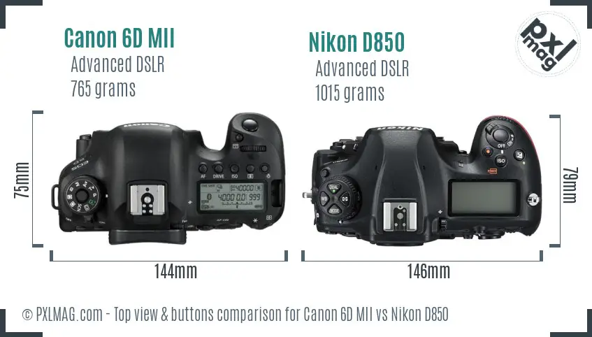 Canon 6D MII vs Nikon D850 top view buttons comparison