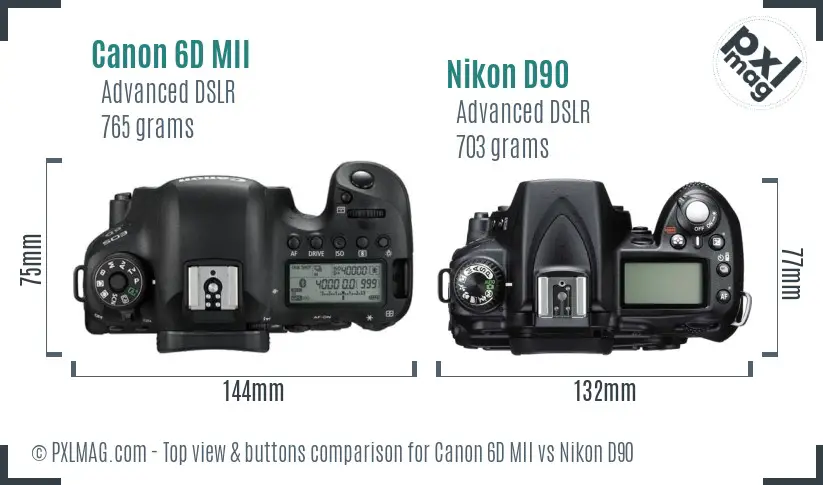 Canon 6D MII vs Nikon D90 top view buttons comparison