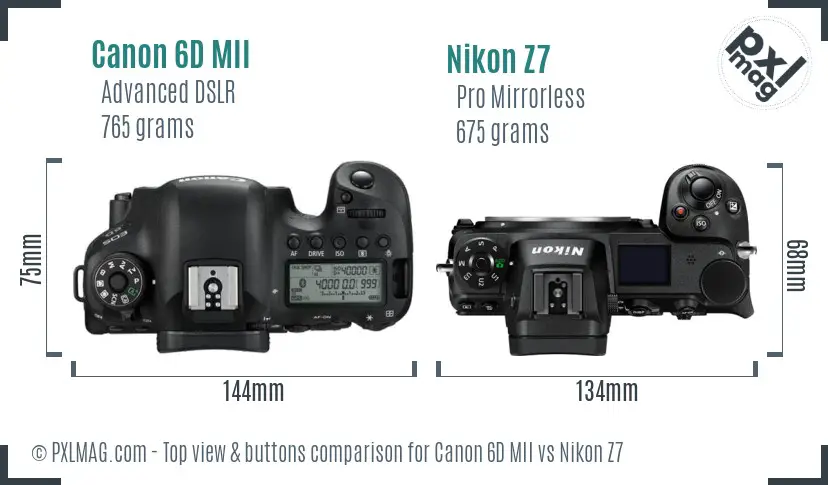 Canon 6D MII vs Nikon Z7 top view buttons comparison