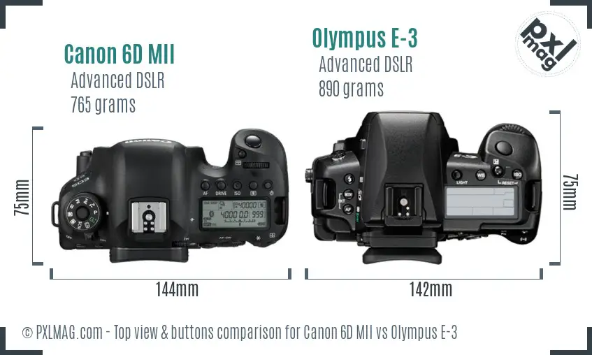 Canon 6D MII vs Olympus E-3 top view buttons comparison