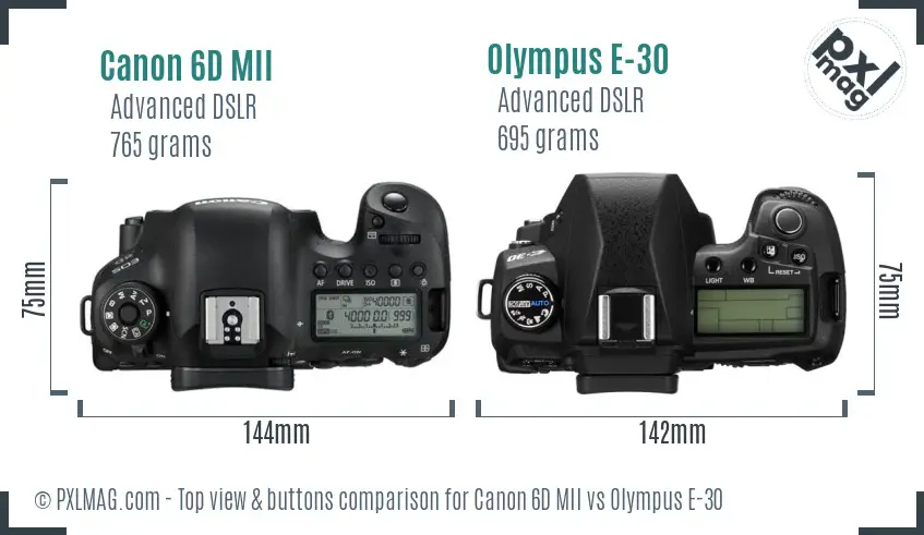 Canon 6D MII vs Olympus E-30 top view buttons comparison