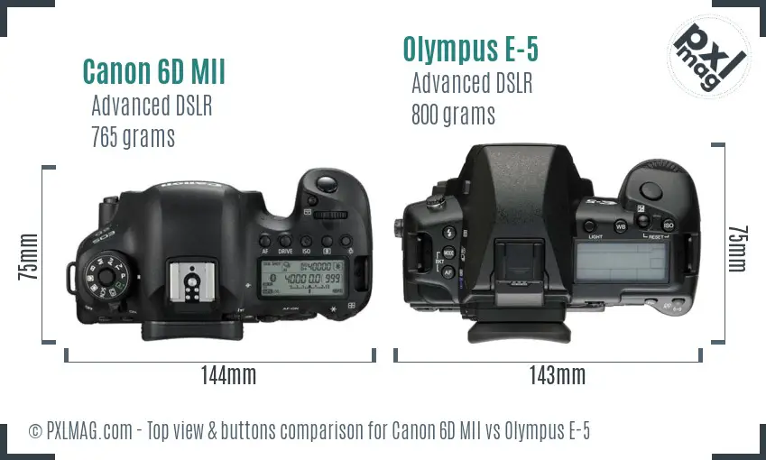 Canon 6D MII vs Olympus E-5 top view buttons comparison