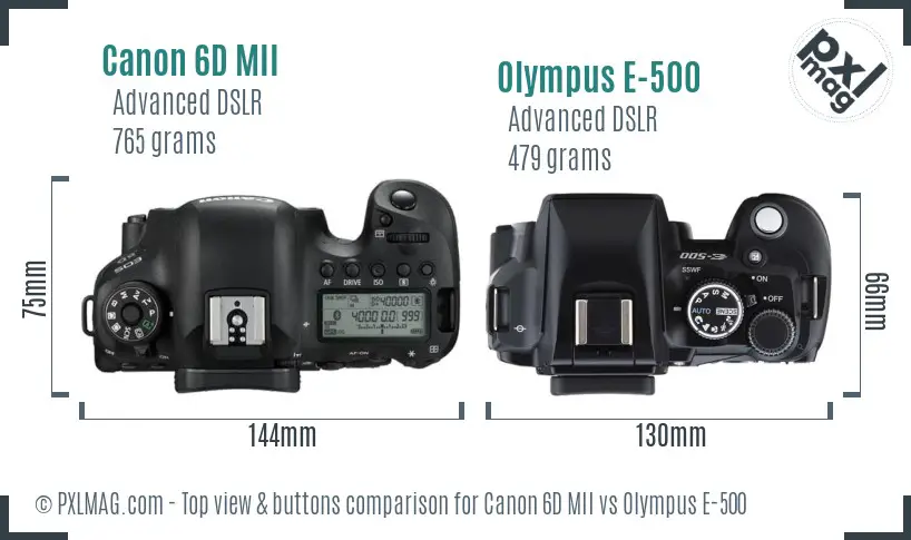 Canon 6D MII vs Olympus E-500 top view buttons comparison