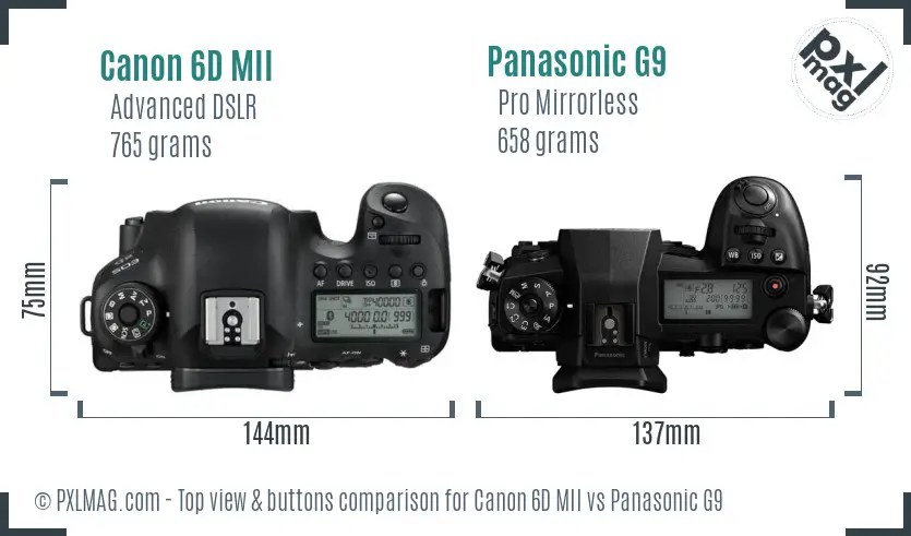 Canon 6D MII vs Panasonic G9 top view buttons comparison Canon 6D MII vs Panasonic G9 top view buttons comparison