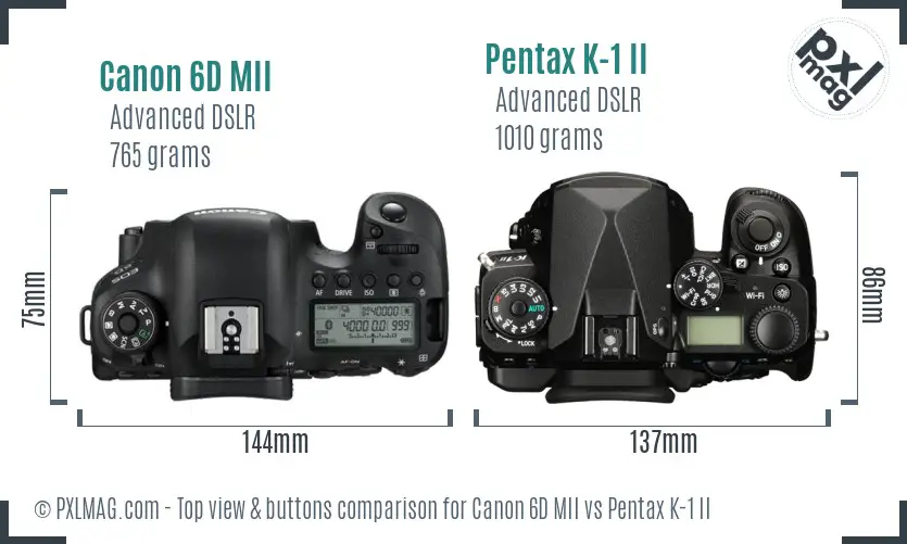 Canon 6D MII vs Pentax K-1 II top view buttons comparison