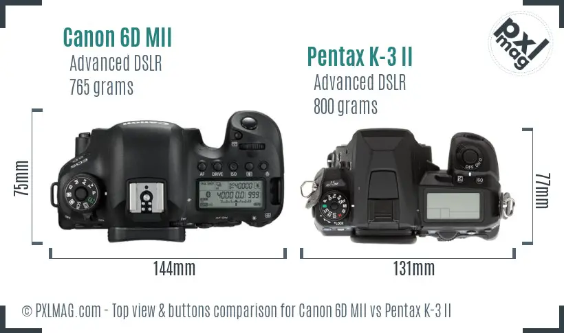 Canon 6D MII vs Pentax K-3 II top view buttons comparison
