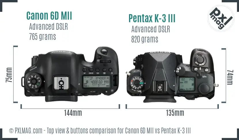 Canon 6D MII vs Pentax K-3 III top view buttons comparison