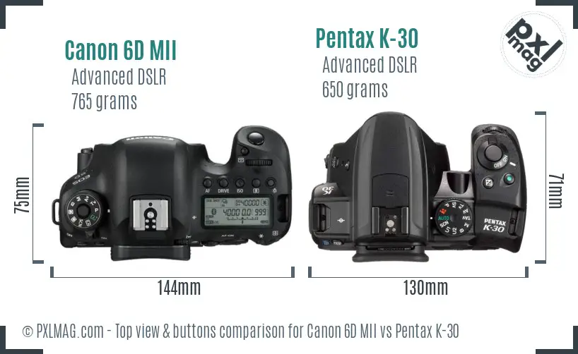 Canon 6D MII vs Pentax K-30 top view buttons comparison