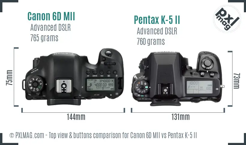 Canon 6D MII vs Pentax K-5 II top view buttons comparison