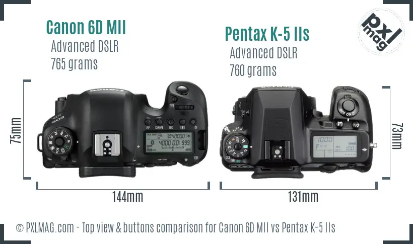 Canon 6D MII vs Pentax K-5 IIs top view buttons comparison