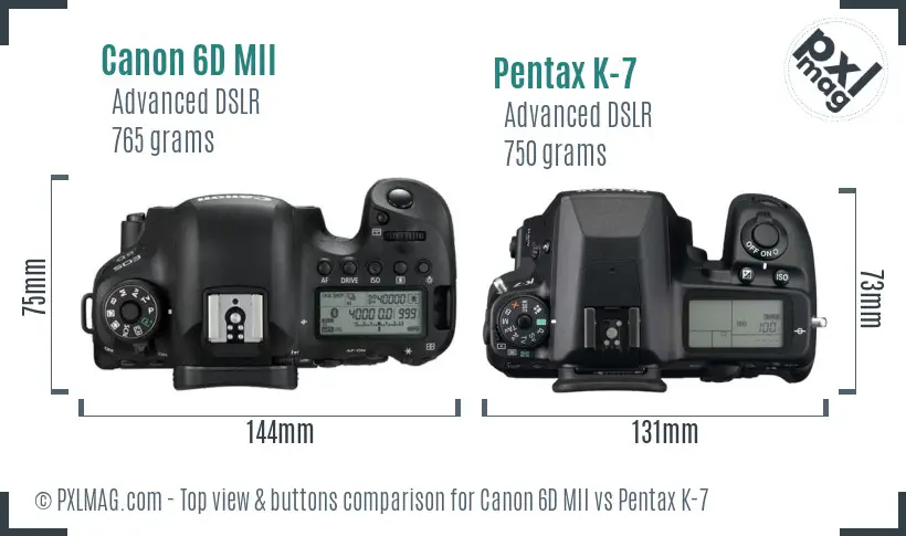 Canon 6D MII vs Pentax K-7 top view buttons comparison