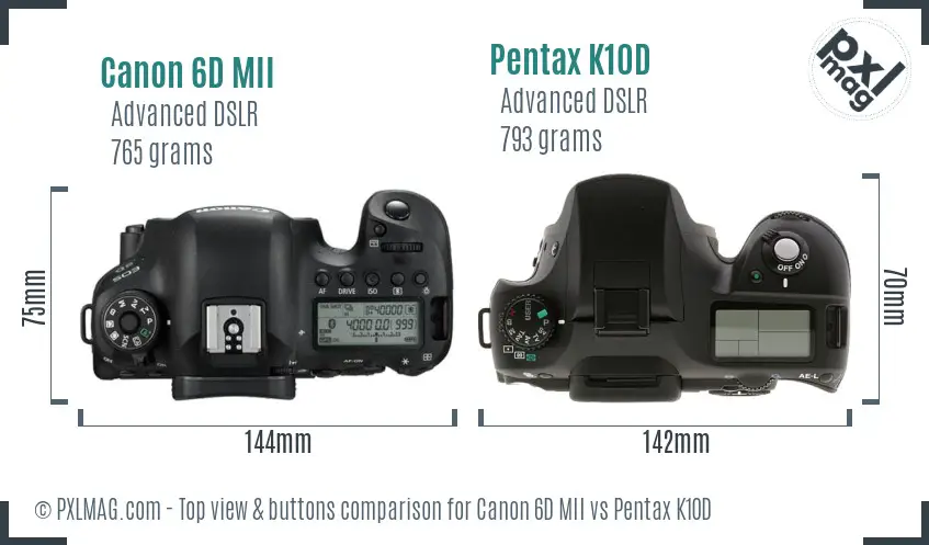 Canon 6D MII vs Pentax K10D top view buttons comparison