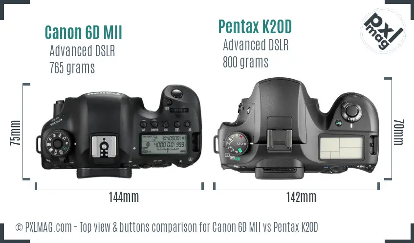 Canon 6D MII vs Pentax K20D top view buttons comparison