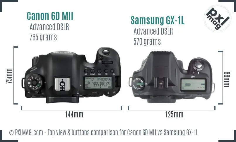Canon 6D MII vs Samsung GX-1L top view buttons comparison