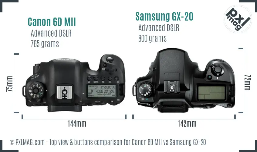 Canon 6D MII vs Samsung GX-20 top view buttons comparison