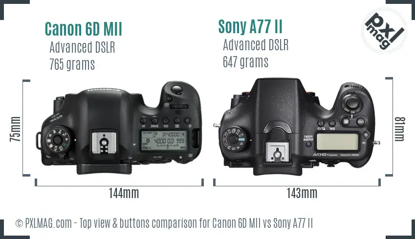 Canon 6D MII vs Sony A77 II top view buttons comparison