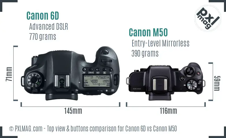 Canon 6D vs Canon M50 top view buttons comparison