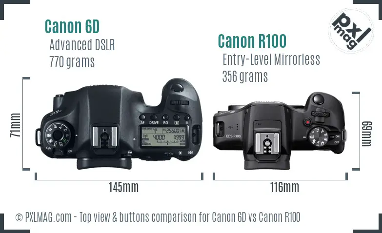 Canon 6D vs Canon R100 top view buttons comparison Canon 6D vs Canon R100 top view buttons comparison