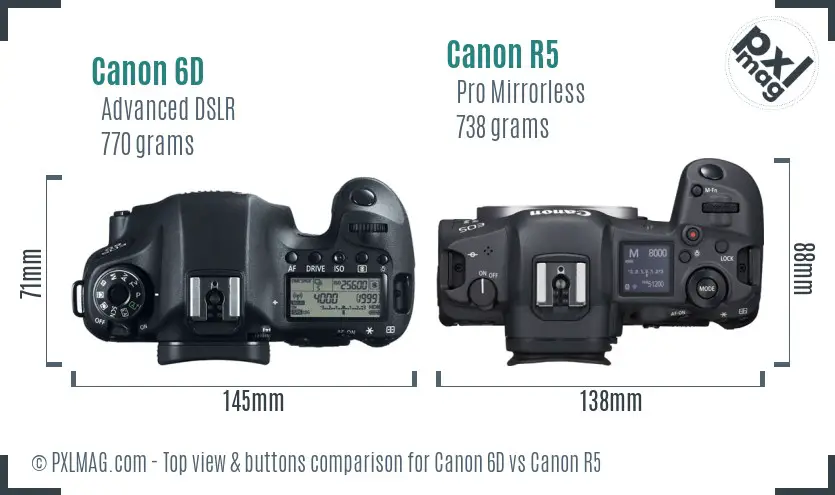 Canon 6D vs Canon R5 top view buttons comparison