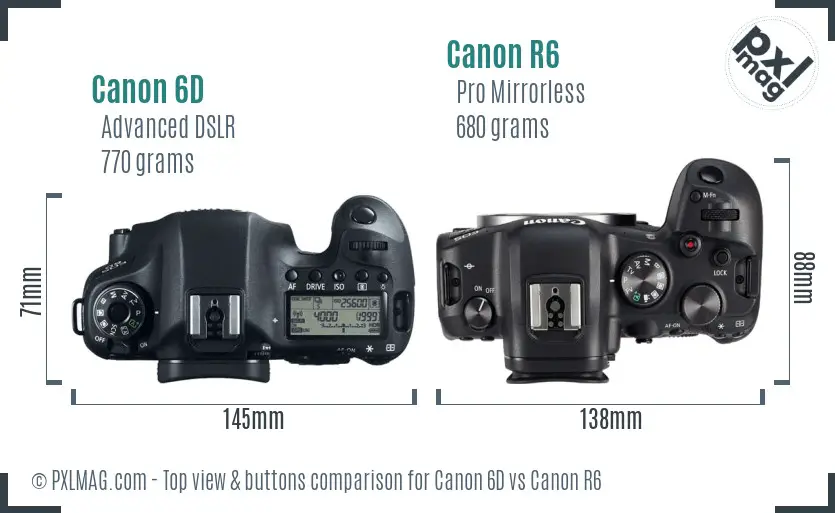 Canon 6D vs Canon R6 top view buttons comparison