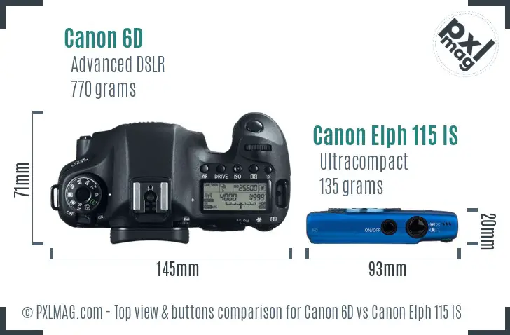 Canon 6D vs Canon Elph 115 IS top view buttons comparison