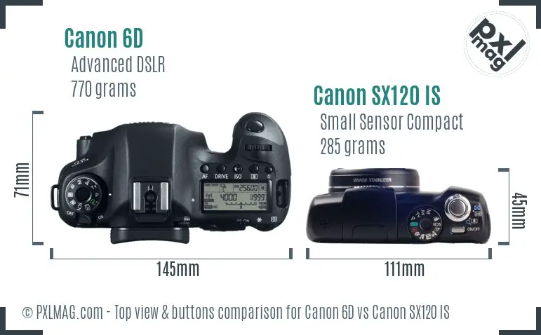 Canon 6D vs Canon SX120 IS top view buttons comparison