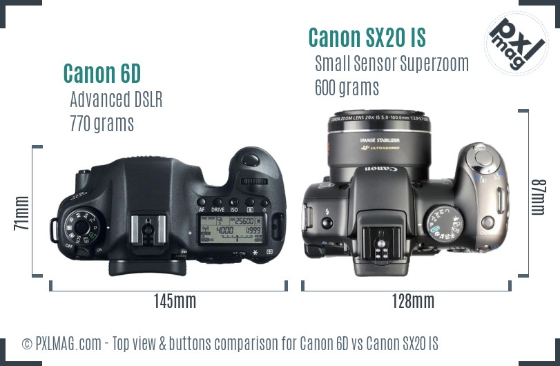 Canon 6D vs Canon SX20 IS top view buttons comparison