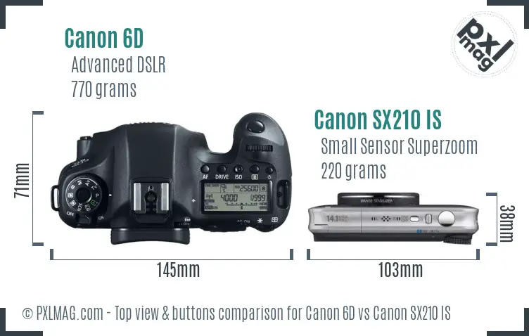 Canon 6D vs Canon SX210 IS top view buttons comparison