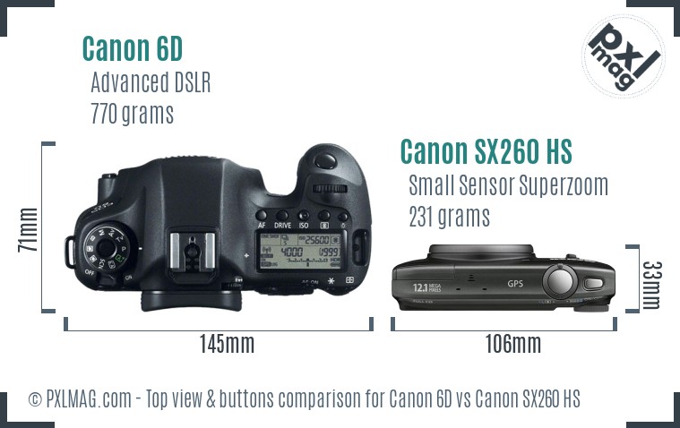 Canon 6D vs Canon SX260 HS top view buttons comparison