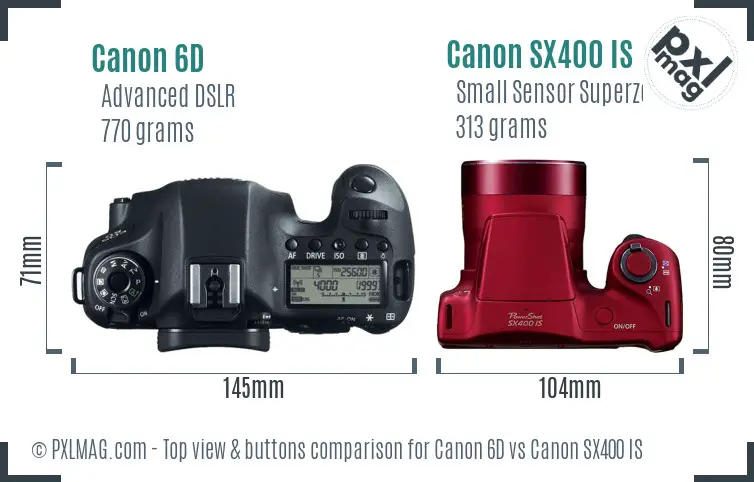 Canon 6D vs Canon SX400 IS top view buttons comparison