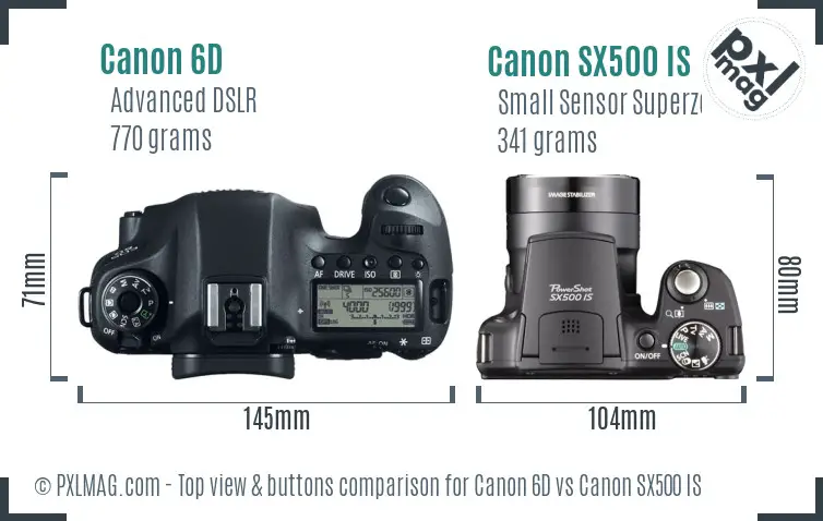 Canon 6D vs Canon SX500 IS top view buttons comparison