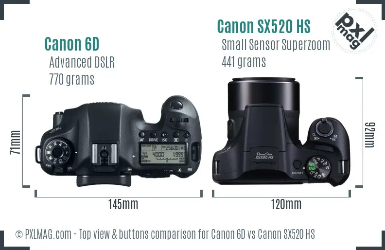 Canon 6D vs Canon SX520 HS top view buttons comparison