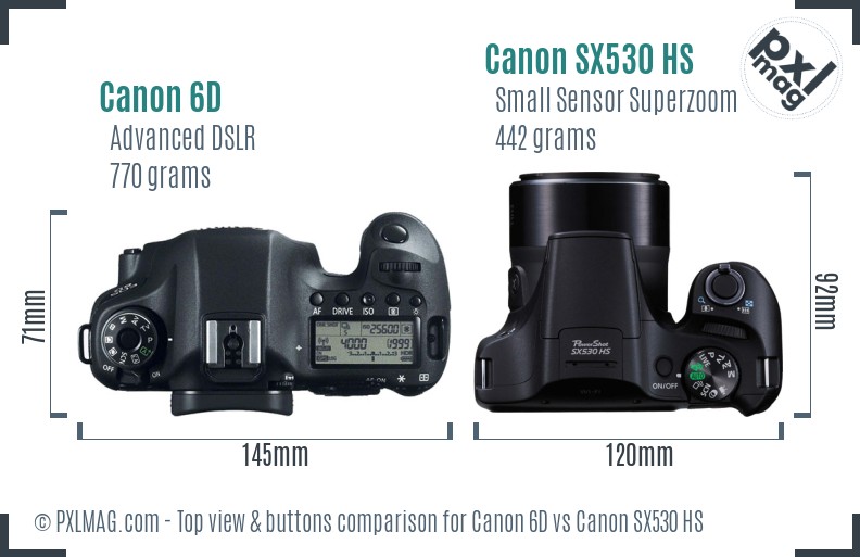 Canon 6D vs Canon SX530 HS top view buttons comparison